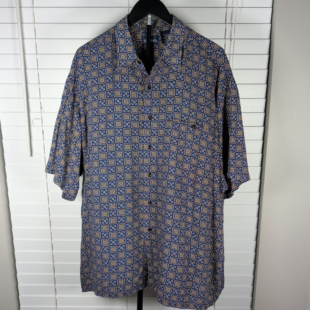 Puritan Short Sleeve Button Down Men XL Blue Geometric Rayon Vintage Excellent